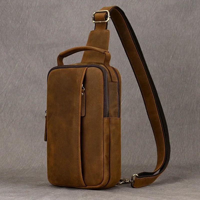 Men’s Leather Sling Bag - Crazy Horse Chest Bag 3-Pocket - Brown