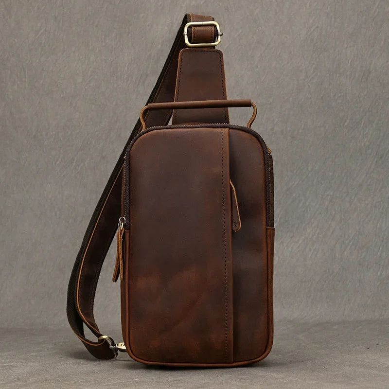 Men’s Leather Sling Bag - Crazy Horse Chest Bag 3-Pocket - Cognac