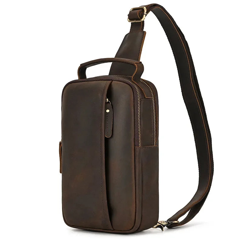 Men’s Leather Sling Bag - Crazy Horse Chest Bag 3-Pocket - Dark Brown
