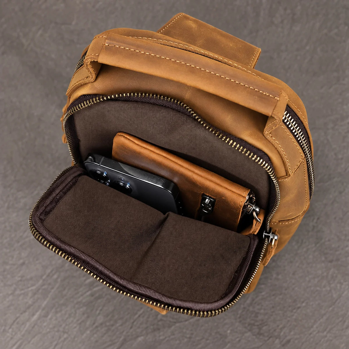 Men’s Leather Sling Bag - Crazy Horse Chest Bag 3-Pocket
