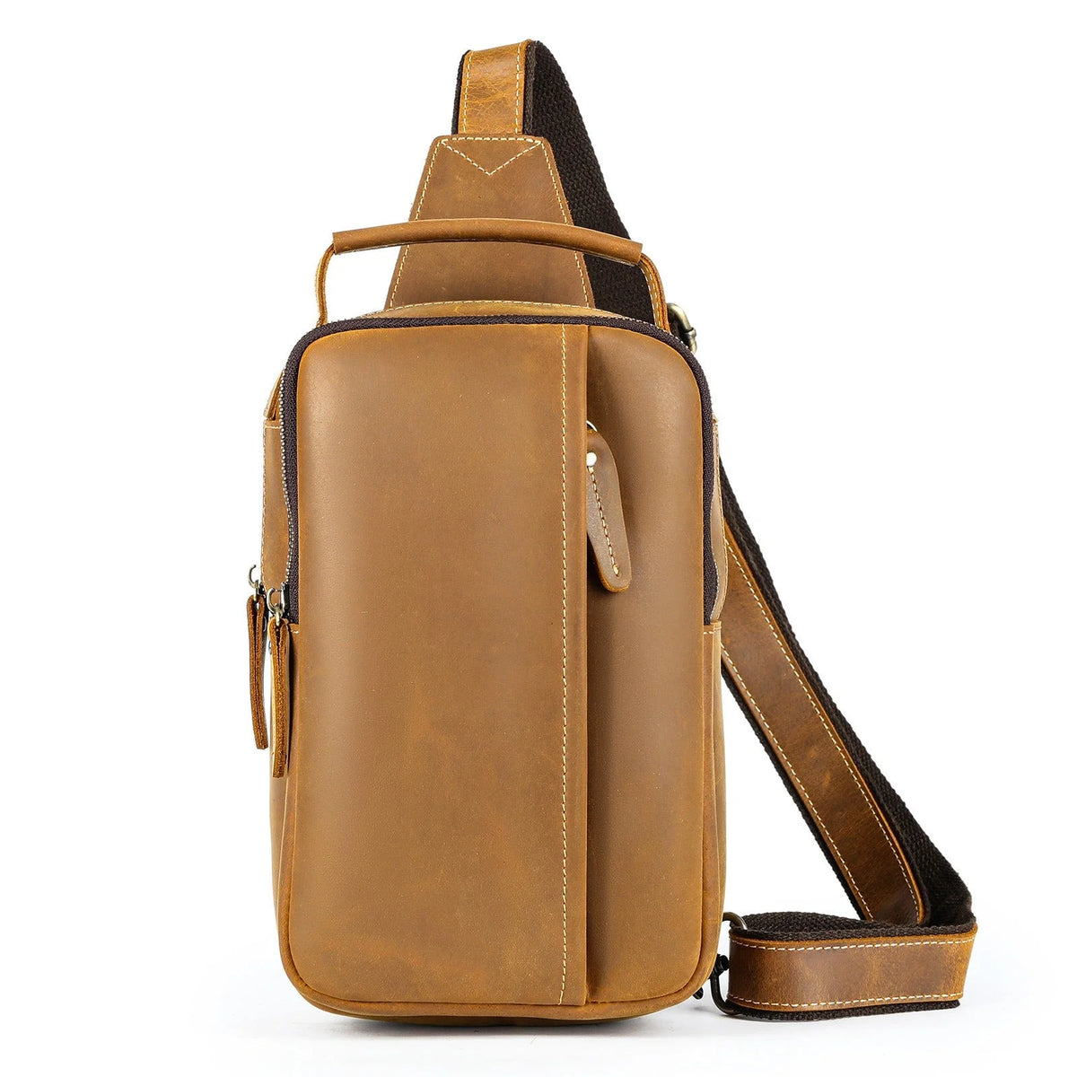 Men’s Leather Sling Bag - Crazy Horse Chest Bag 3-Pocket - Light brown