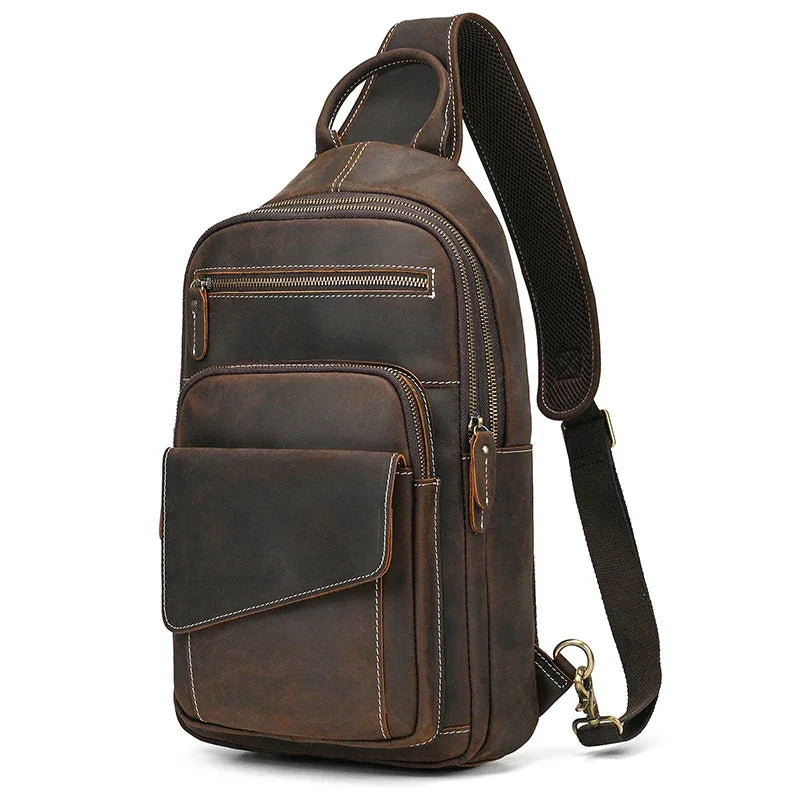 Men’s Leather Sling Bag - Crazy Horse Chest Bag with Front Pockets
