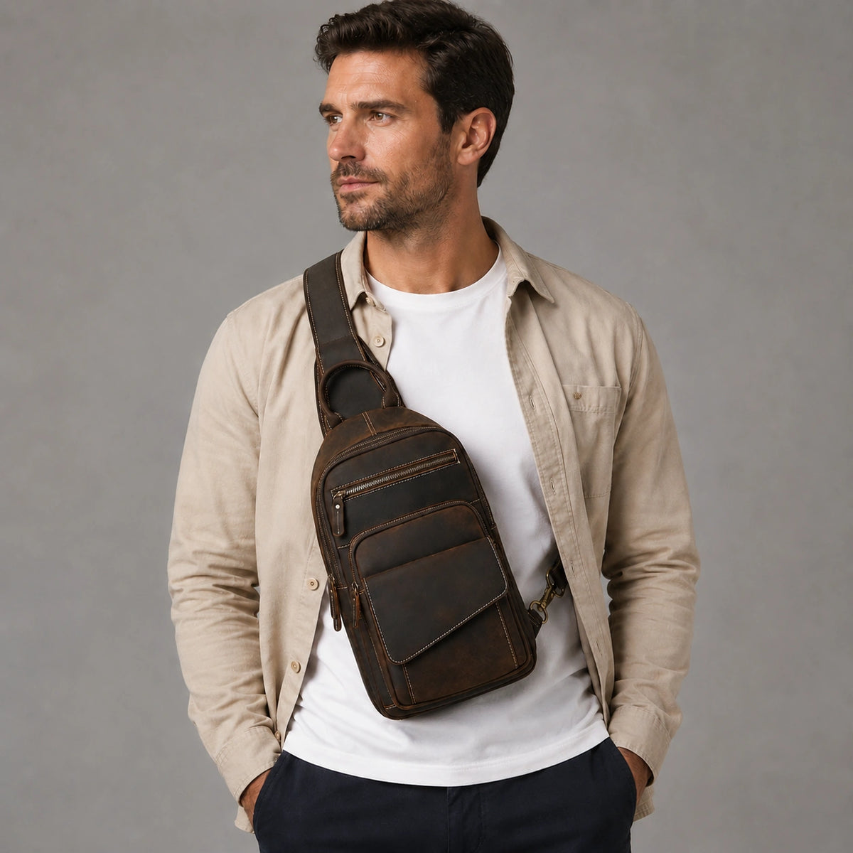 Men’s Leather Sling Bag - Crazy Horse Chest Bag with Front Pockets