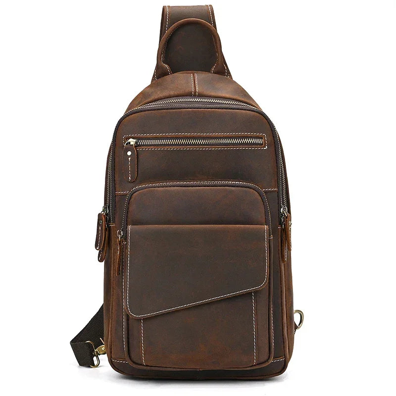 Men’s Leather Sling Bag - Crazy Horse Chest Bag with Front Pockets - Brown