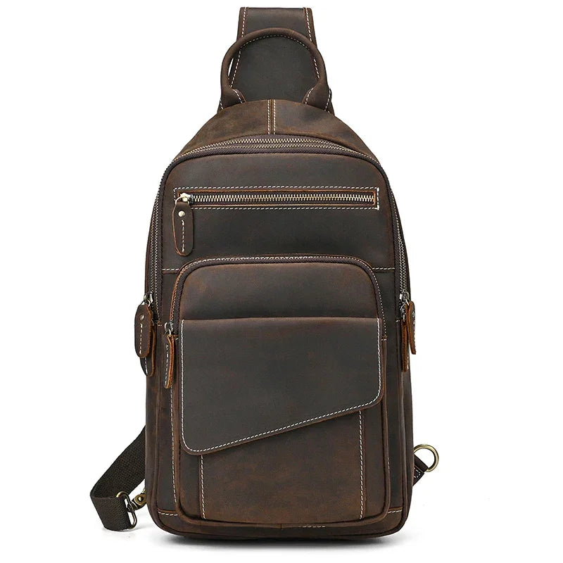 Men’s Leather Sling Bag - Crazy Horse Chest Bag with Front Pockets - Dark Brown