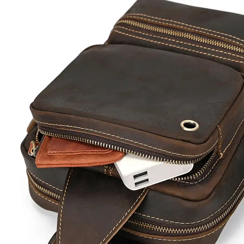 Men’s Leather Sling Bag – Crazy Horse Crossbody Chest Bag