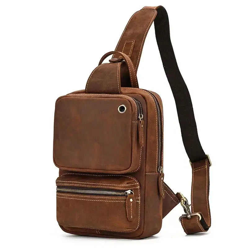 Men’s Leather Sling Bag – Crazy Horse Crossbody Chest Bag - Light Brown