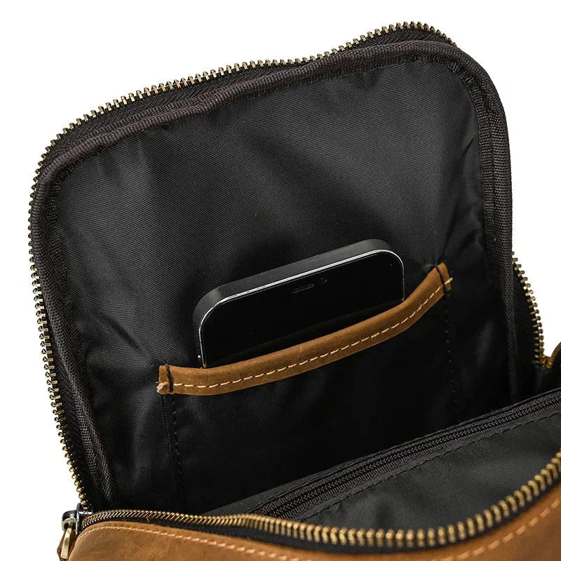 Men’s Leather Sling Bag - Crazy Horse Flap Chest Bag