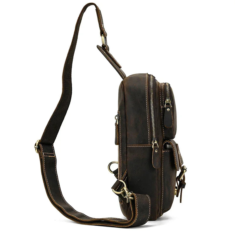Men’s Leather Sling Bag - Crazy Horse Flap Chest Bag