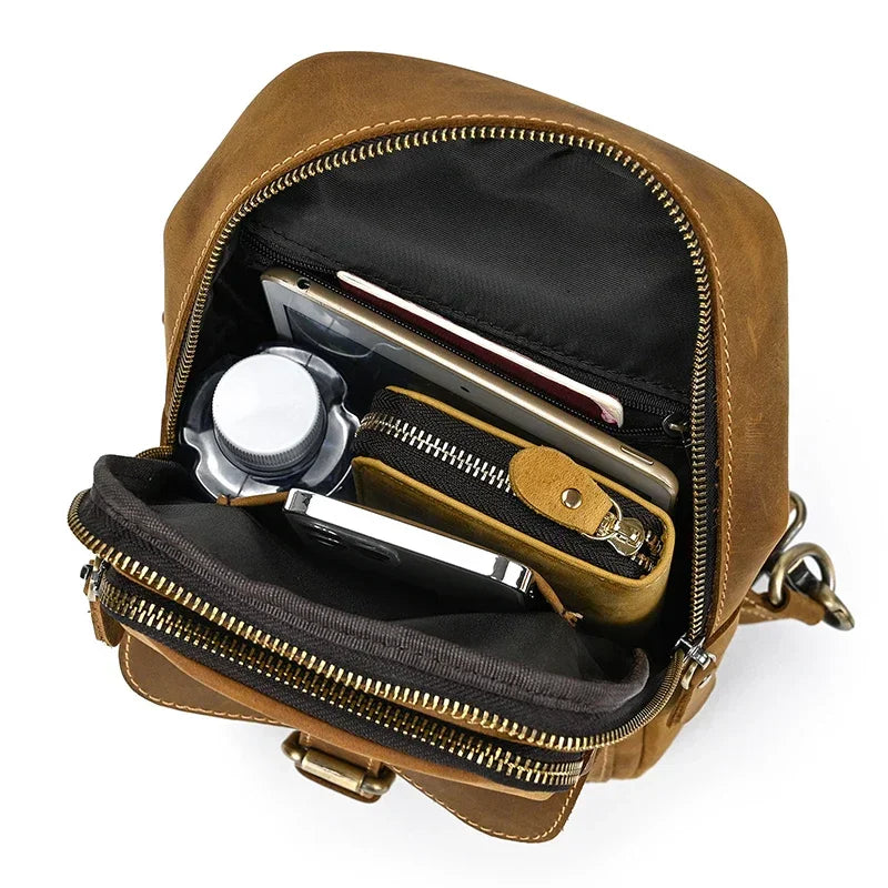 Men’s Leather Sling Bag - Crazy Horse Flap Chest Bag
