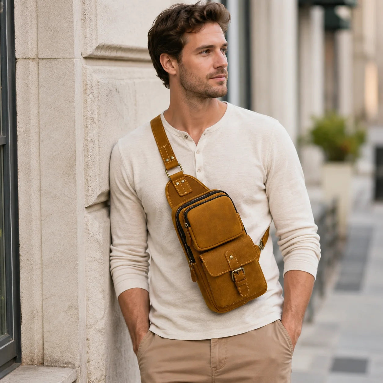 Men’s Leather Sling Bag - Crazy Horse Flap Chest Bag