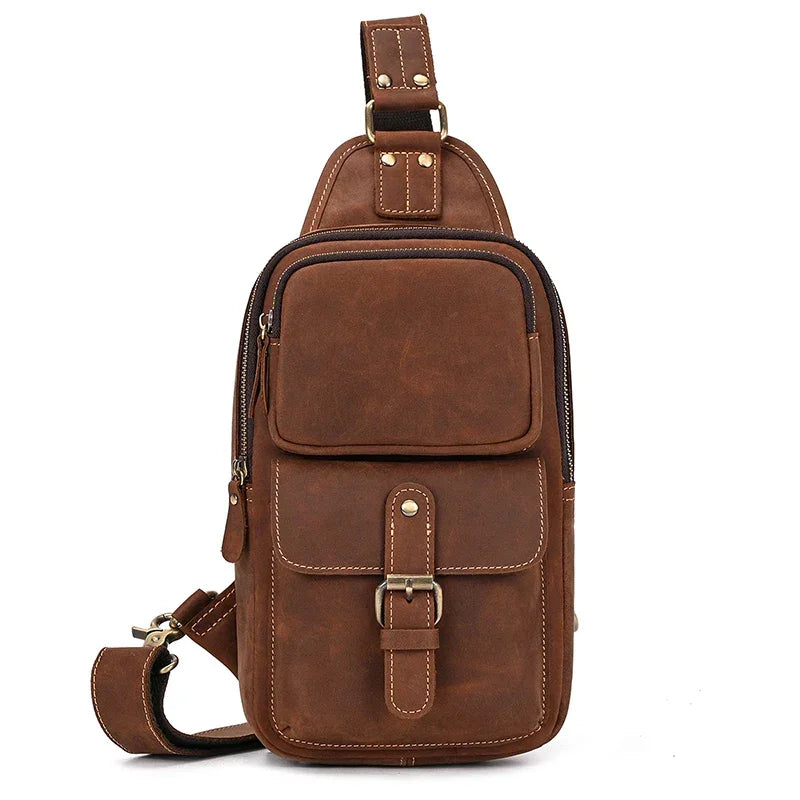 Men’s Leather Sling Bag - Crazy Horse Flap Chest Bag