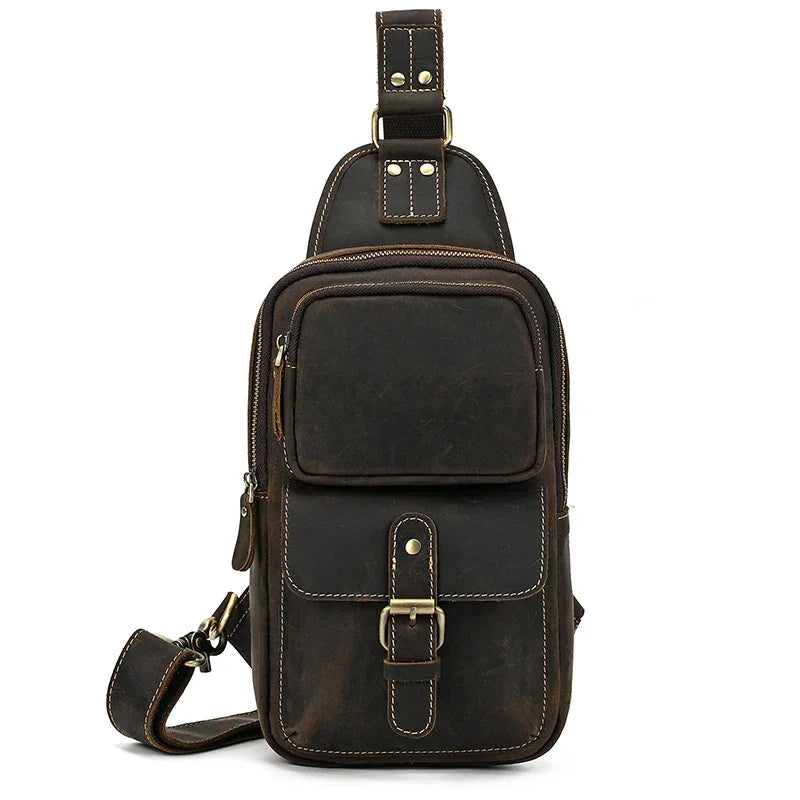 Men’s Leather Sling Bag - Crazy Horse Flap Chest Bag