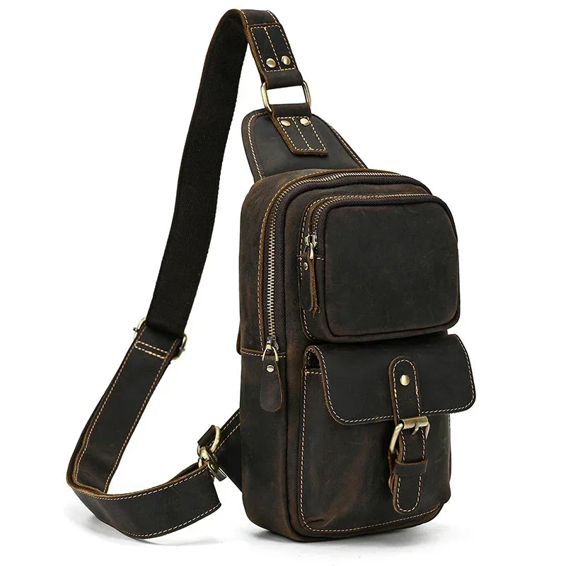 Men’s Leather Sling Bag - Crazy Horse Flap Chest Bag - Black
