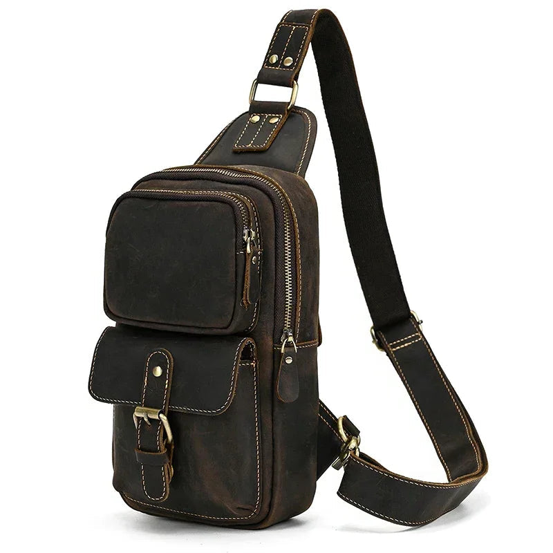 Men’s Leather Sling Bag - Crazy Horse Flap Chest Bag - Black