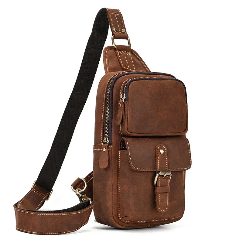 Men’s Leather Sling Bag - Crazy Horse Flap Chest Bag - Brown