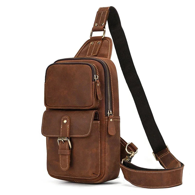 Men’s Leather Sling Bag - Crazy Horse Flap Chest Bag - Brown