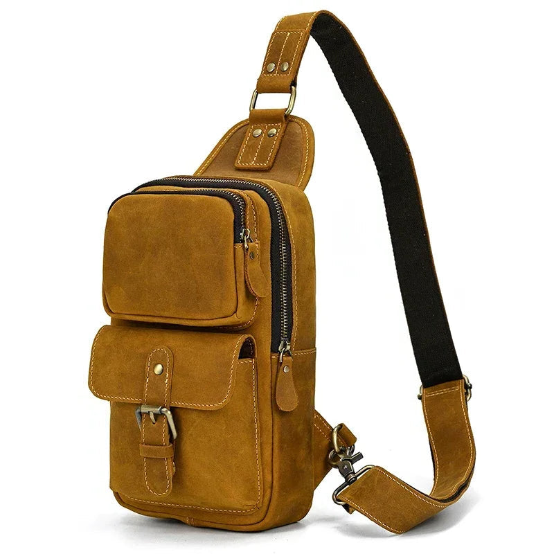 Men’s Leather Sling Bag - Crazy Horse Flap Chest Bag - Light Brown