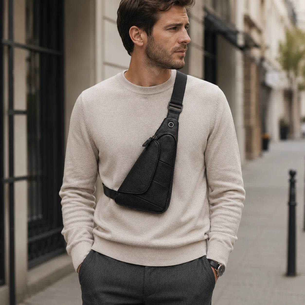Men’s Leather Sling Bag - Genuine Cowhide Chest Pack
