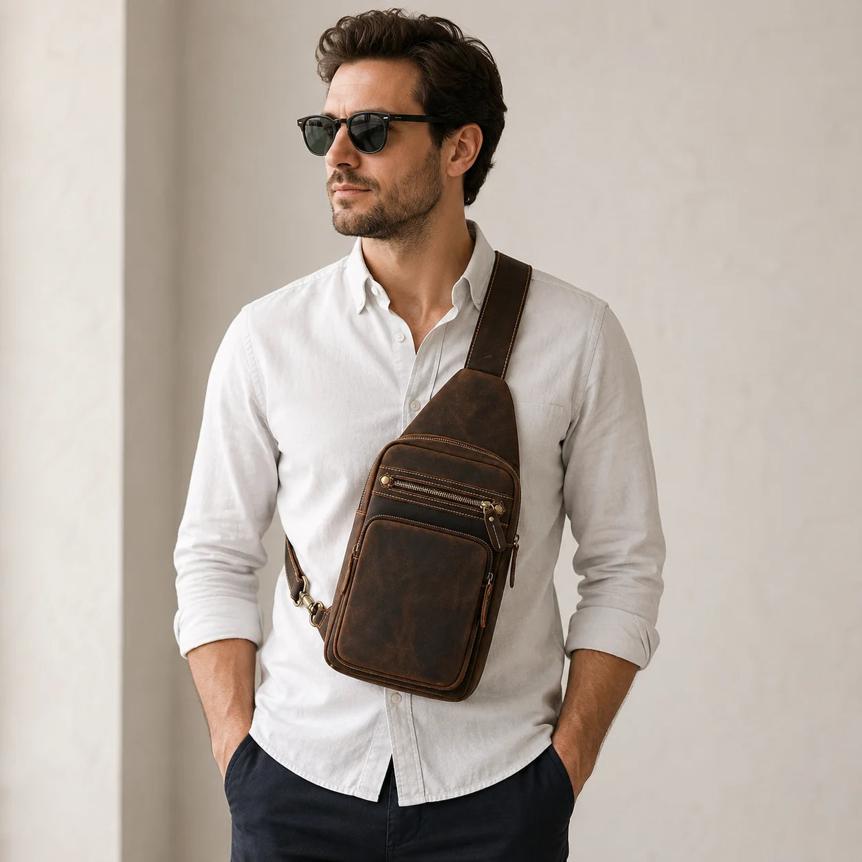 Men’s Leather Sling Bag - Multi-Pocket Tablet Crossbody