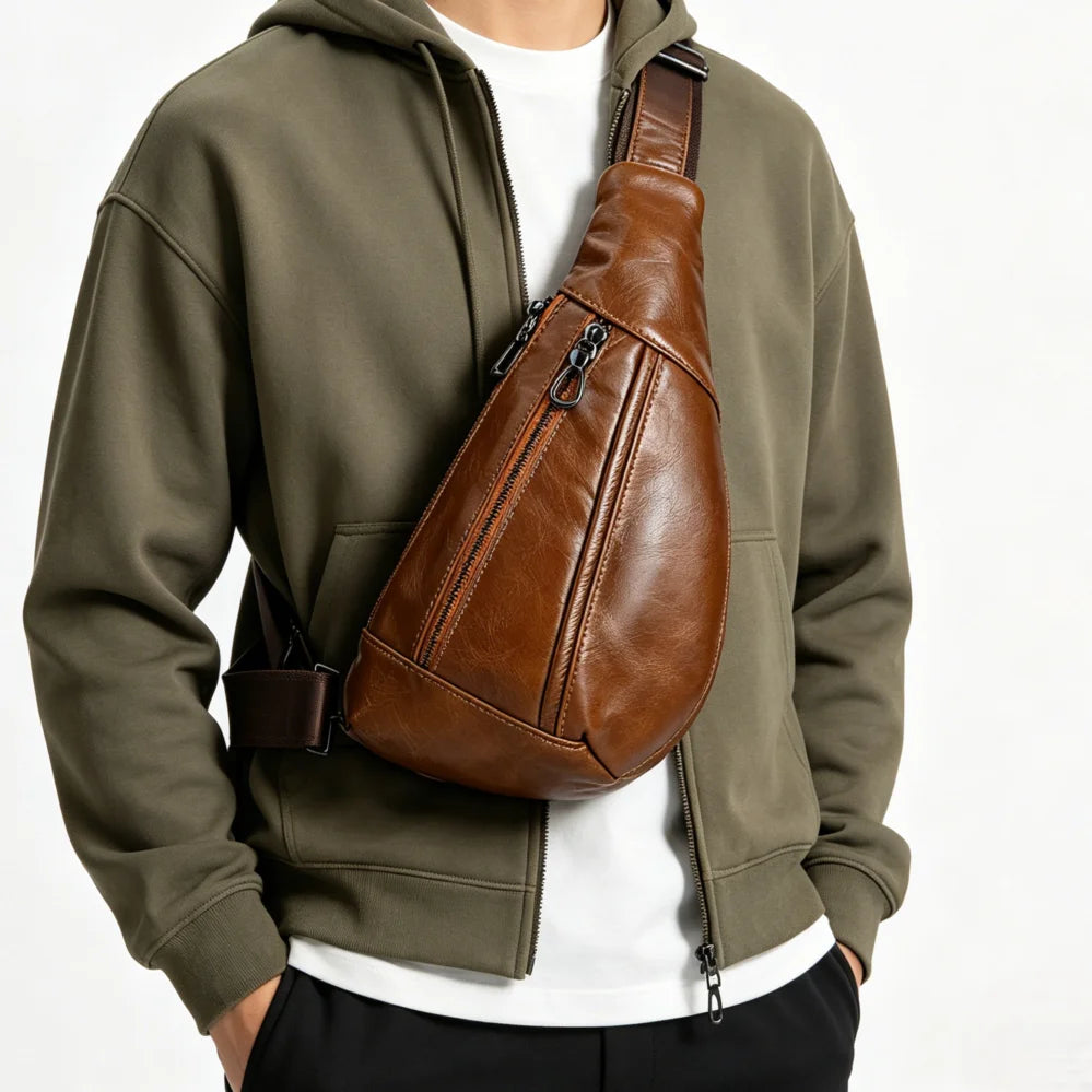 Men’s Leather Sling Bag - Oil Wax Cowhide Compact Chest Pack
