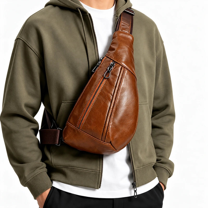 Men’s Leather Sling Bag - Oil Wax Cowhide Compact Chest Pack