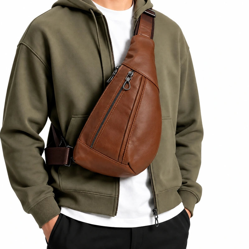 Men’s Leather Sling Bag - Oil Wax Cowhide Compact Chest Pack