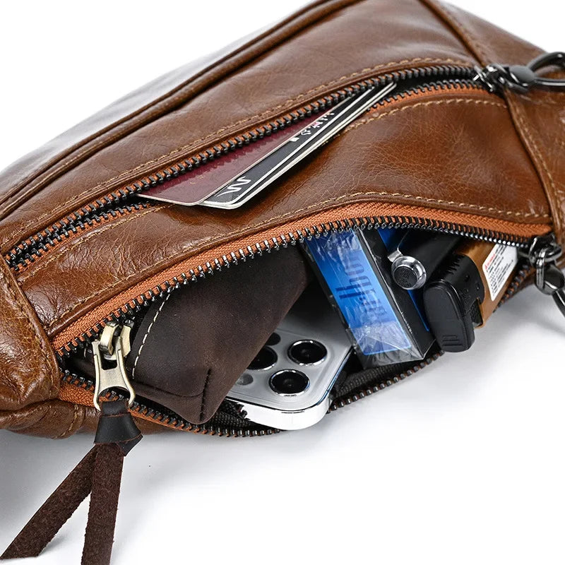 Men’s Leather Sling Bag - Oil Wax Cowhide Compact Chest Pack