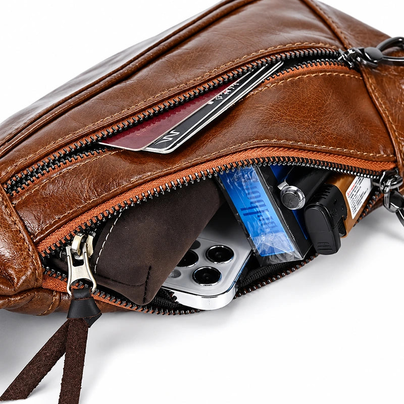 Men’s Leather Sling Bag - Oil Wax Cowhide Compact Chest Pack