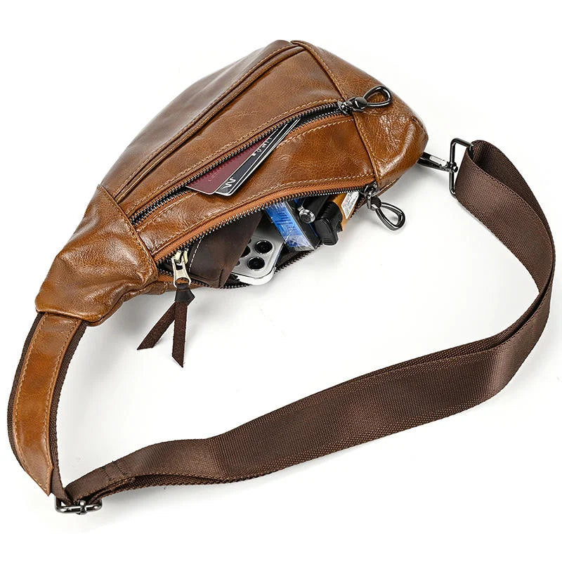 Men’s Leather Sling Bag - Oil Wax Cowhide Compact Chest Pack