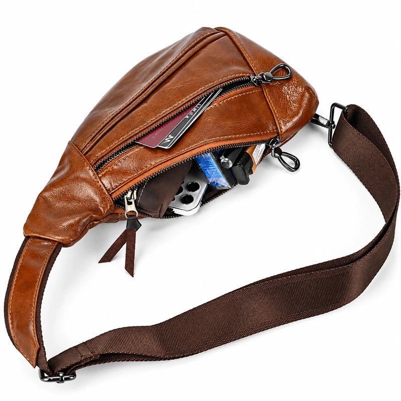 Men’s Leather Sling Bag - Oil Wax Cowhide Compact Chest Pack