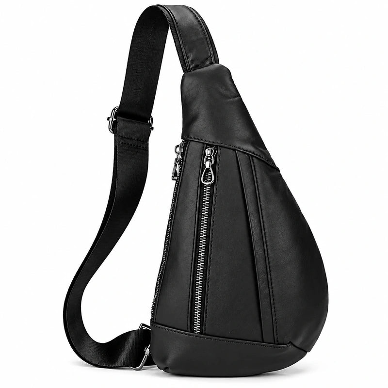 Men’s Leather Sling Bag - Oil Wax Cowhide Compact Chest Pack - Black