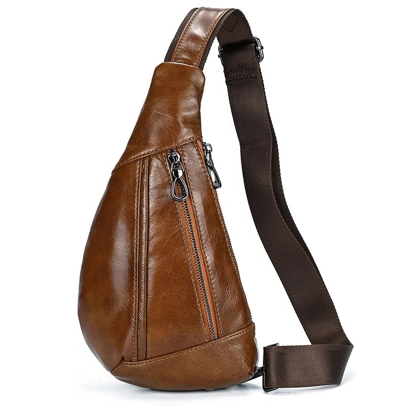 Men’s Leather Sling Bag - Oil Wax Cowhide Compact Chest Pack - Cognac