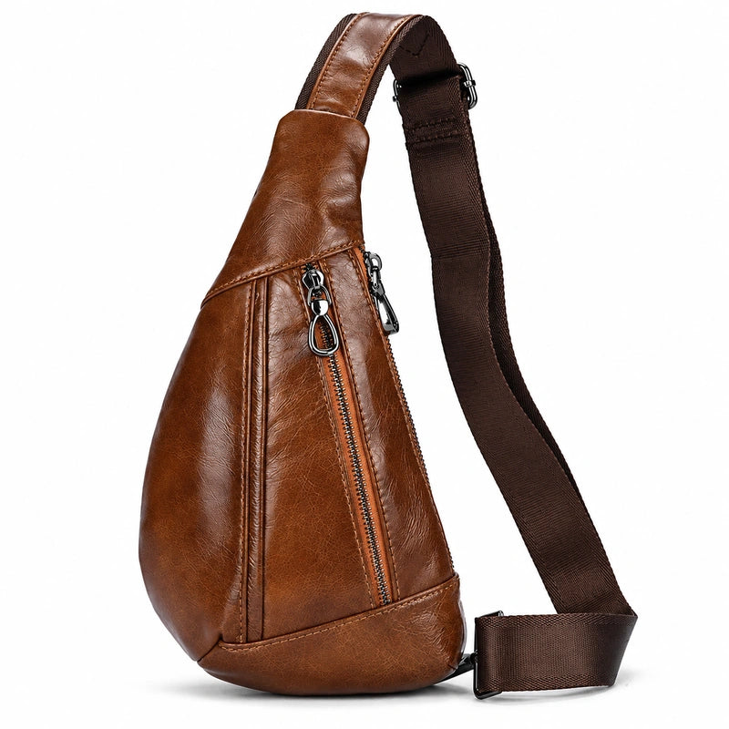 Men’s Leather Sling Bag - Oil Wax Cowhide Compact Chest Pack - Cognac