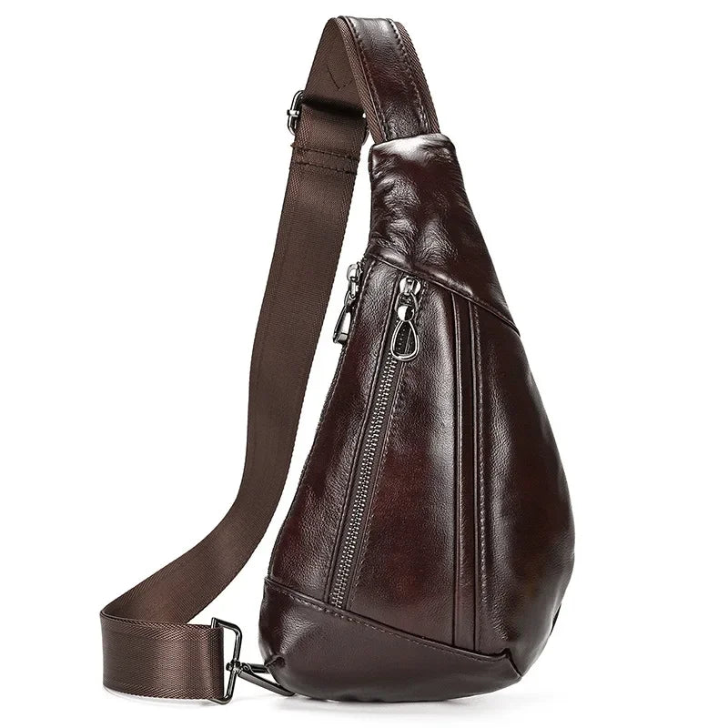 Men’s Leather Sling Bag - Oil Wax Cowhide Compact Chest Pack - Dark brown