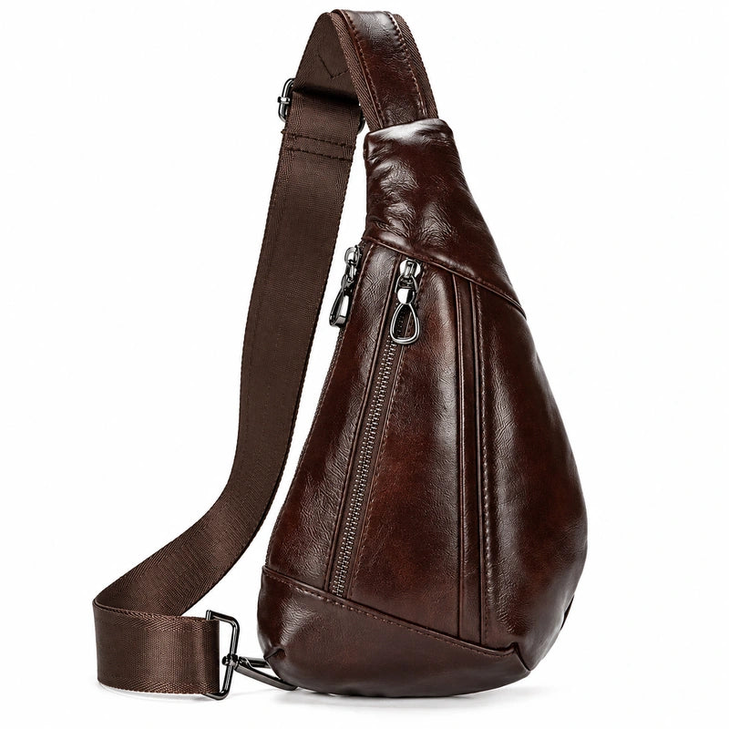 Men’s Leather Sling Bag - Oil Wax Cowhide Compact Chest Pack - Dark brown