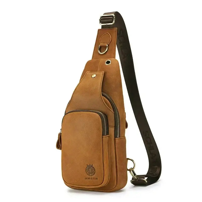 Men’s Leather Sling Bag – Slim Chest Carry with Zippered Pockets - Brown