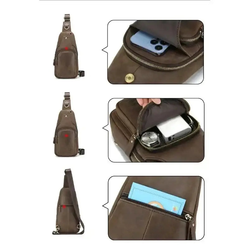 Men’s Leather Sling Bag – Slim Chest Carry with Zippered Pockets