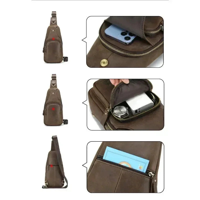 Men’s Leather Sling Bag – Slim Chest Carry with Zippered Pockets