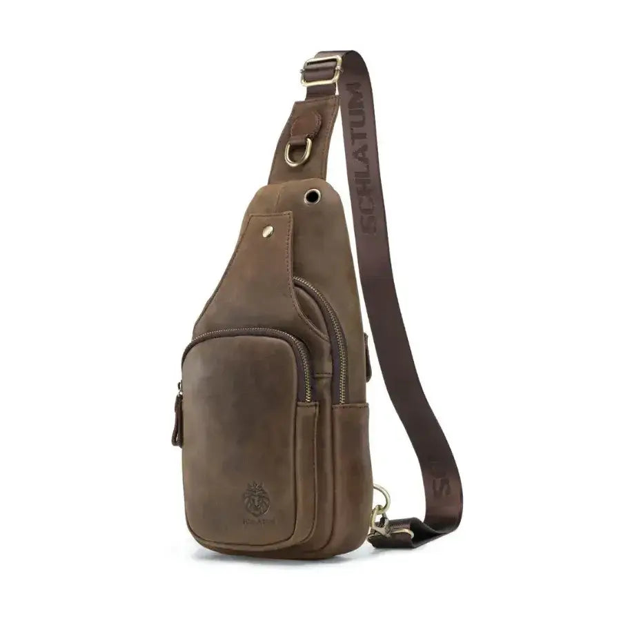 Men’s Leather Sling Bag – Slim Chest Carry with Zippered Pockets - Dark brown