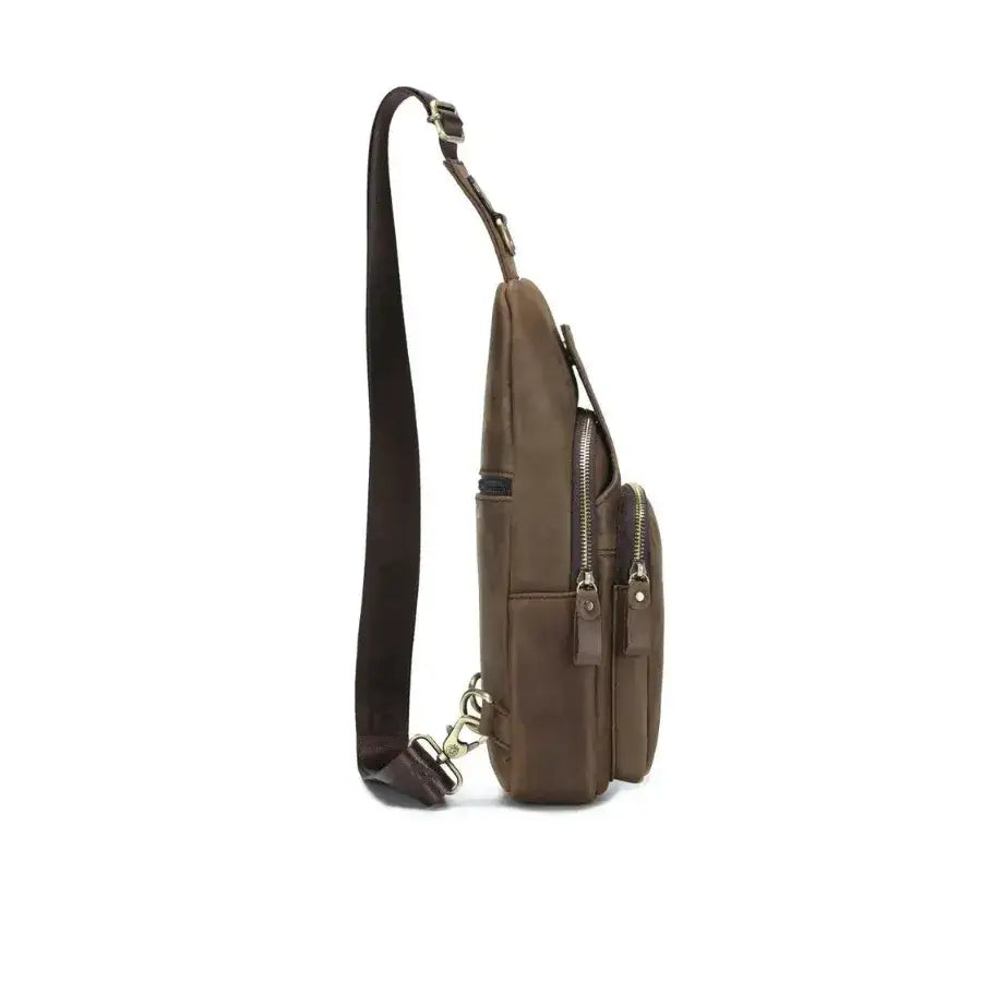 Men’s Leather Sling Bag – Slim Chest Carry with Zippered Pockets