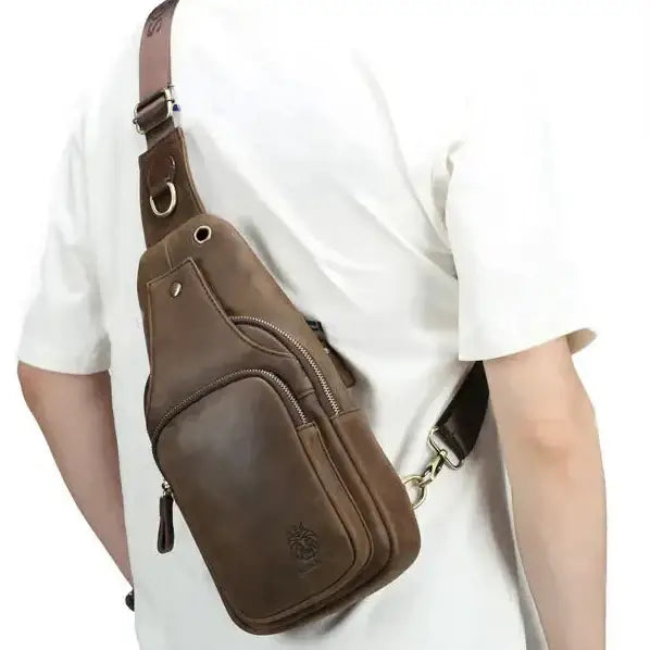Men’s Leather Sling Bag – Slim Chest Carry with Zippered Pockets