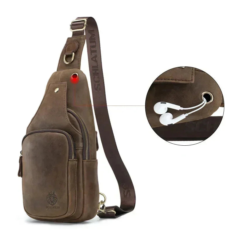 Men’s Leather Sling Bag – Slim Chest Carry with Zippered Pockets