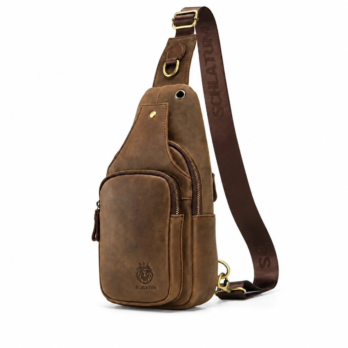 Men’s Leather Sling Bag – Slim Chest Carry with Zippered Pockets - Dark brown
