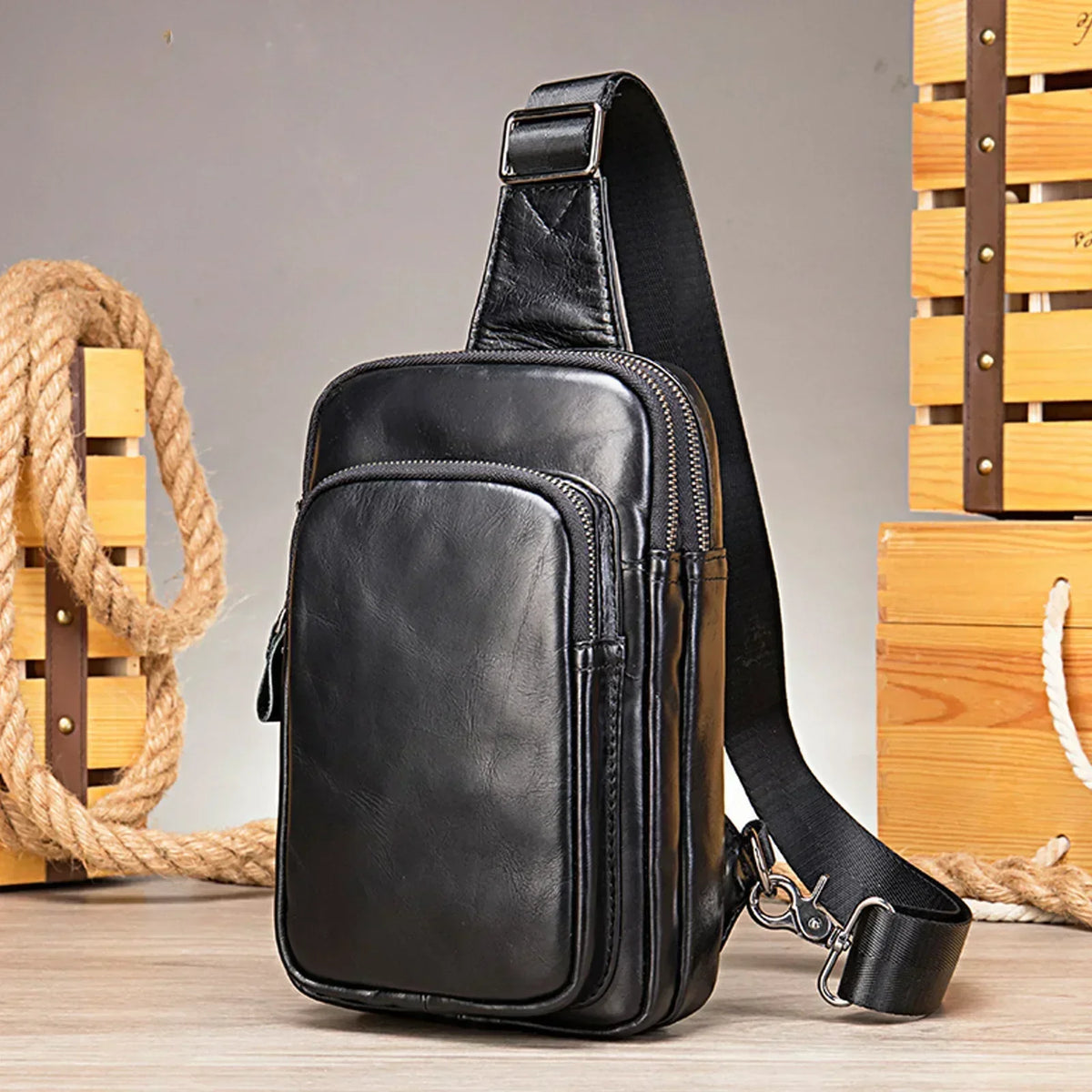 Men’s Leather Sling Bag - Tablet-Ready Chest Bag