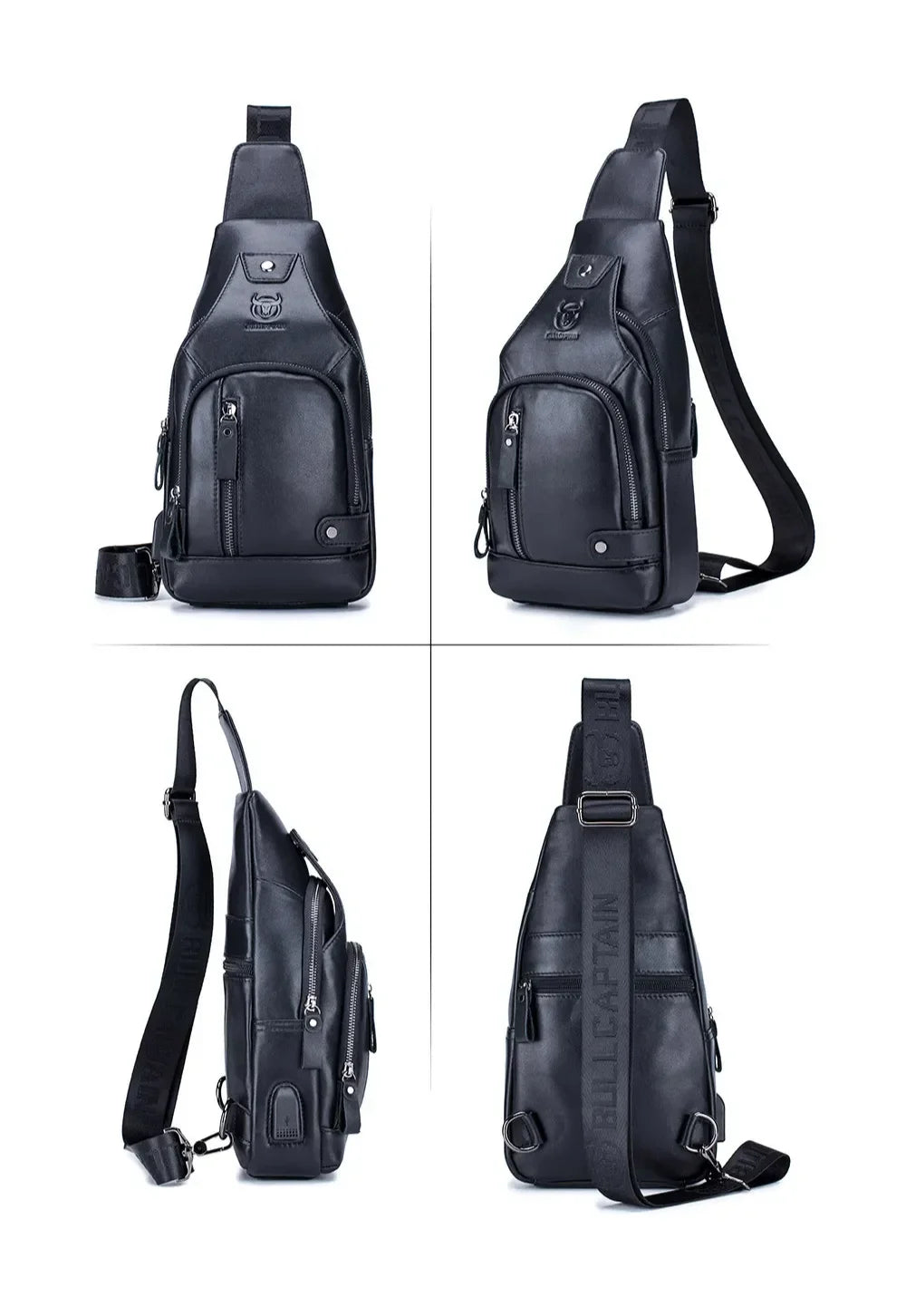 Men’s Leather Sling Bag – Vertical Multi-Pocket Chest Bag