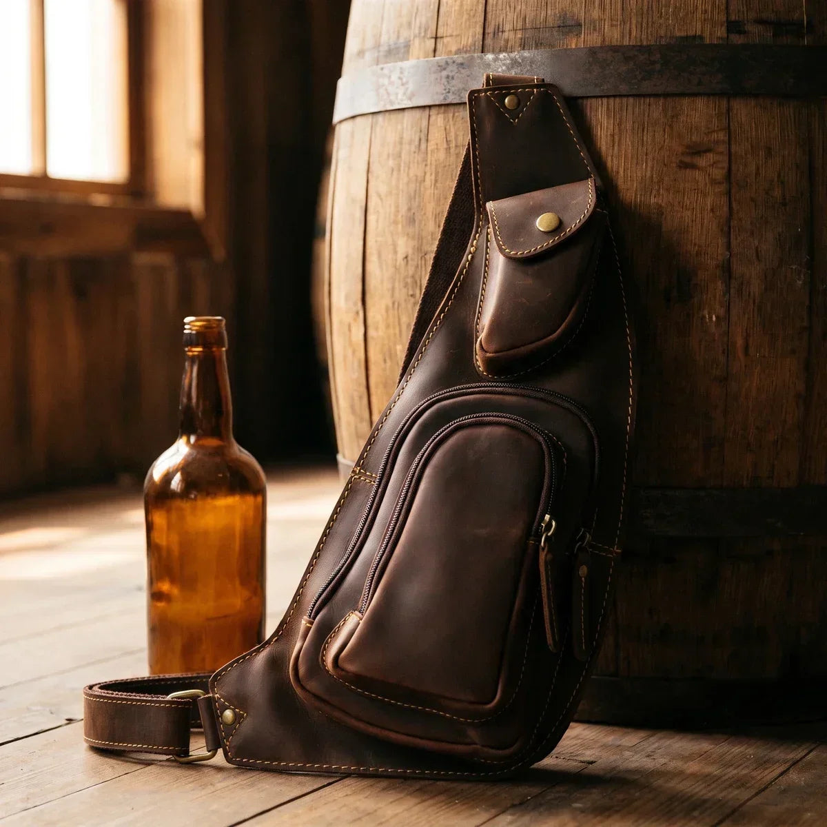 Men’s Leather Sling Bag with Crazy Horse Flap Pocket - Brown
