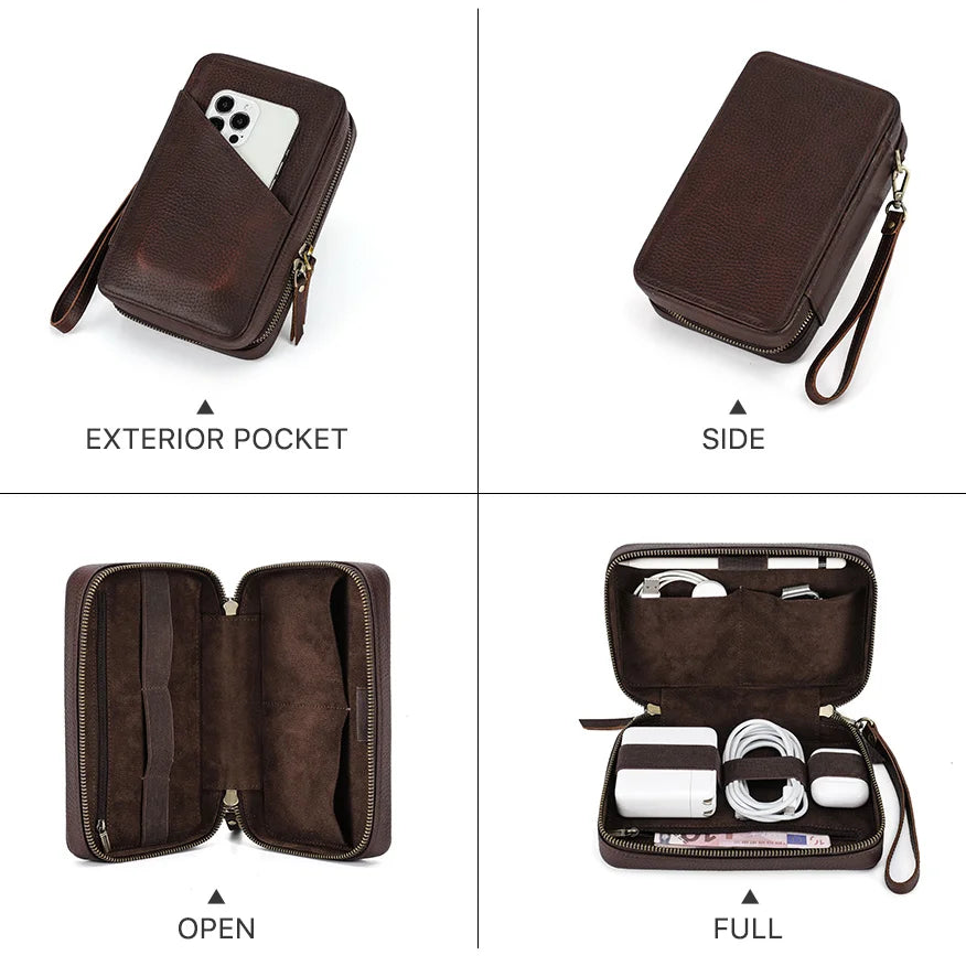 Brown leather case with various compartments shown from different angles on a white background.
