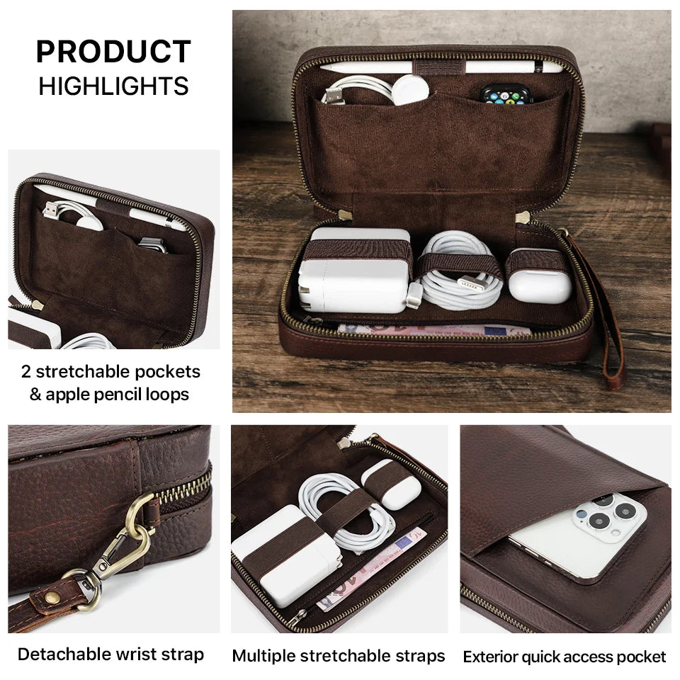 Brown leather case with multiple compartments and stretchable pockets on a wooden surface.