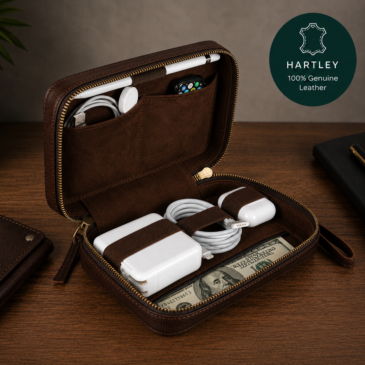 Brown leather travel organizer with electronic accessories on a wooden surface, featuring the Hartley brand.